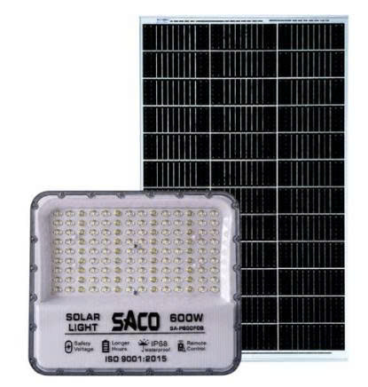 ĐÈN PHA NĂNG LƯỢNG MẶT TRỜI SACO 600W SA-P600F08 – PIN 32140 CAO CẤP, PANEL 65W SẠC NHANH VƯỢT TRỘI